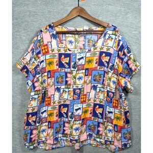 C&C California 100% Linen Womens Top 3X Multicolor Tropical Beachy Island